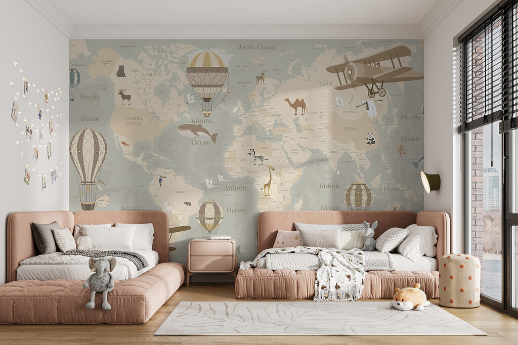 A map of the world with airplanes and hot air balloons